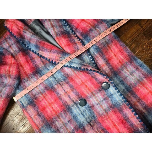 Vintage 1970s Red Blue Plaid Angora Wool Double Breasted Coat - Picture 6 of 16